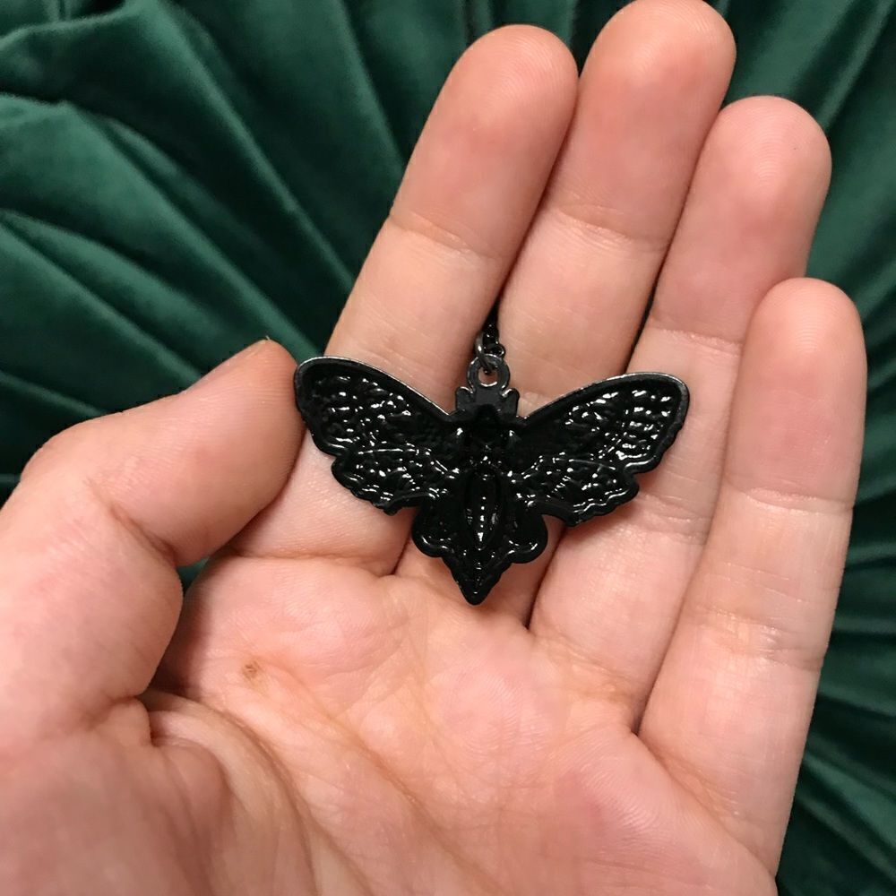 Gothic Death Moth Necklace Black, Engraved detailing, easy clasp size OS - Picture 3 of 6
